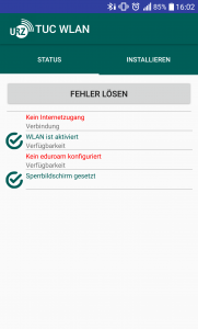 Startbildschirm der App. Konfigurationsfehler werden angezeigt.